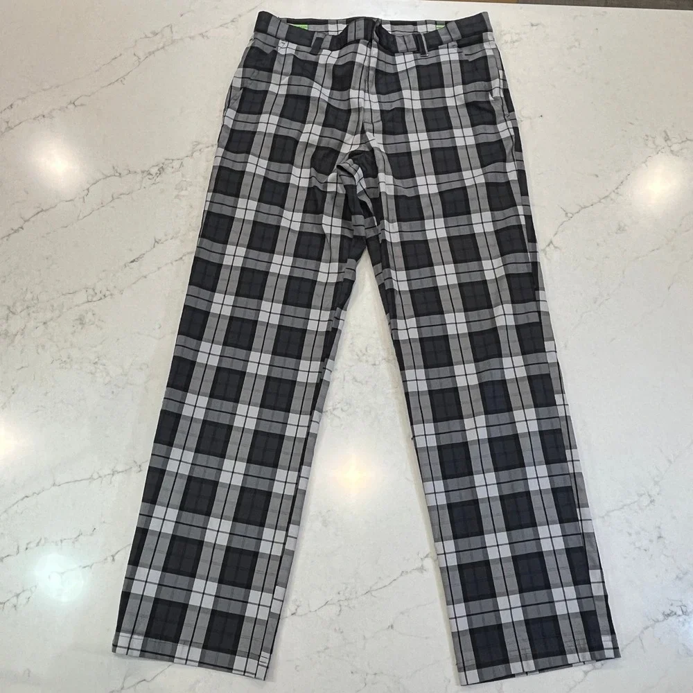 IZOD Golf Pants Mens 34x32 Black Gray Plaid Flat Front Preppy‎ Classic Bold